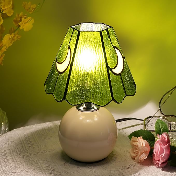 Mushroom Lamp Tiffany Stained Glass Moon lamp Cute Small Bedside Table Lamps for Living Room Home Decor,Girls Women Birthday Christmas Thanksgiving Day Gift,Green