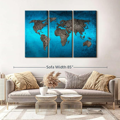 ElephantStock Ocean World Map Multi Piece Canvas - 3 Panel Wall Decor - Map of the World Art - Canvas for the Office and Home - 65" X 42"