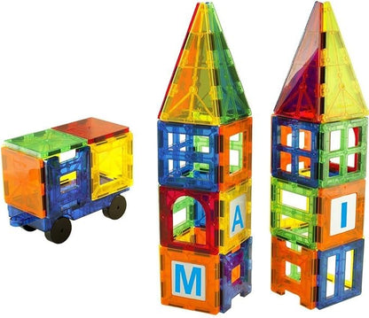 Magnet Tiles - Clear Magnetic 3D Building Blocks - Educational Toys, Games, Activities, Puzzles - Creativity, Motor Skills, Learning Shapes - Storage Bin, 2 Car Base, 120pcs, 13 Click-Ins