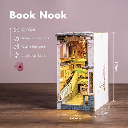 ROBOTIME DIY Book Nook Kit DIY Miniature Dollhouse Booknook Kit 3D Wooden Puzzle with LED Light,Decorative Bookend Bookshelf Insert Decor for Teens and Adults (Sakura Tram)
