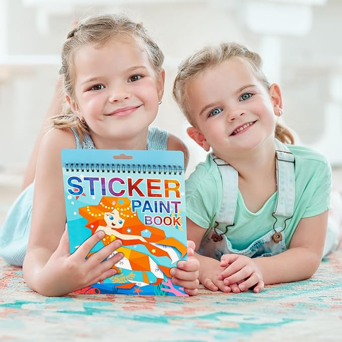 2 Pack Paint by Sticker Kids Crafts for Kids Ages 4-8 Sticker by Number for Boys and Girls Birthday Gifts Party Favor, Travel Activity Book Set for Learning (Princess+Mermaid)