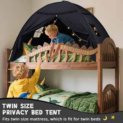 Sumbababy Twin Size Bed Canopy: Lights & Flags Indoor Floor Bed Kids Tent Playhouse - Portable & Foldable Twin Bunk Curtains - Girls & Boys Bedroom Privacy Space Blackout Tents Slumber Gifts (Black)