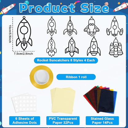 32 Sets Outer Space Rocket Suncatchers Craft Kit DIY Window Stained Glass Effect Space Theme Paper Crafts for Home School Classroom Decoration Kid Birthday Gifts Creative Art Projects Activity Game