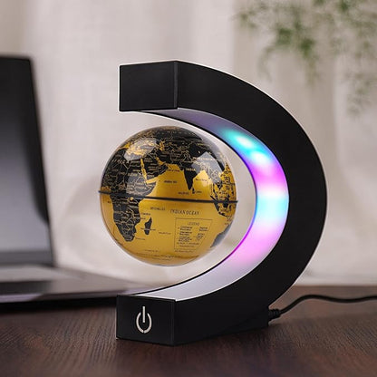 Floating Globe with Colored LED Lights C Shape Anti Gravity Magnetic Levitation Rotating World Map with Touch Switch for Gift Home Office Desk Decoration With Switch (Gold)