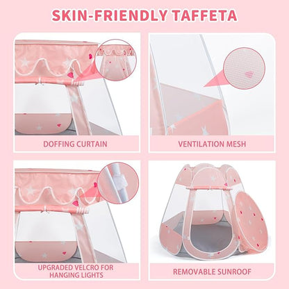 Pop Up Princess Tent with Star Light, Toys for Year Old Girl Birthday Gift, Ball Pit for Months Baby Toys, Toddler Girl Gift, Easy to Pop Up and Assemble (Pink Gray)