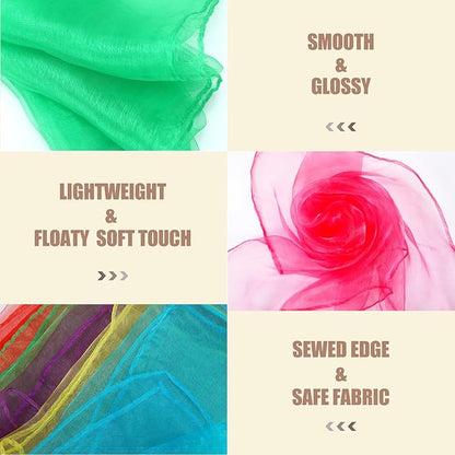 Colovis 30 Pack Dance Scarves,15 Colors Square Juggling Scarf Props Magic Trick Silk Scarves Music Movement Scarf for Kids to Play with, 24 by 24 Inches