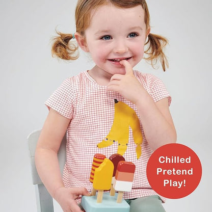 Mentari Toys - Sunny Ice Lolly Stand - 5pc Wood Ice Lolly Popsicle Play Food Set with Base - Pretend Play Food Accessories - Encourage Role Play and Develop Social Skills - Gift for Toddlers - Age 2+