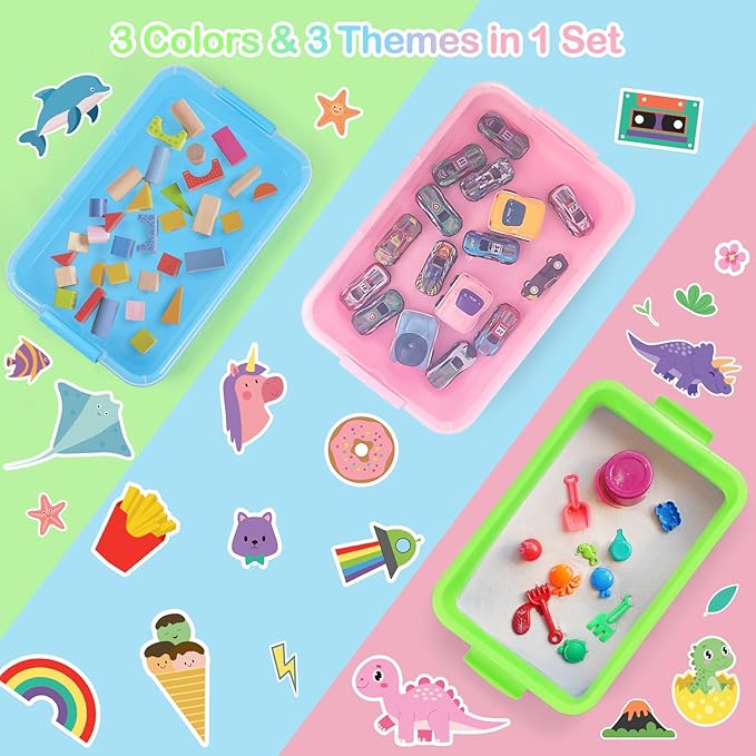 3 Pcs Sensory Bin Sand Tray with Lid & 3 Stickers, Stackable Plastic Storage Containers, Portable Sandbox Toy, Organizers for Toys, Sand, Arts, Crafts (Blue, Green, Pink)