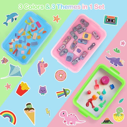 3 Pcs Sensory Bin Sand Tray with Lid & 3 Stickers, Stackable Plastic Storage Containers, Portable Sandbox Toy, Organizers for Toys, Sand, Arts, Crafts (Blue, Green, Pink)