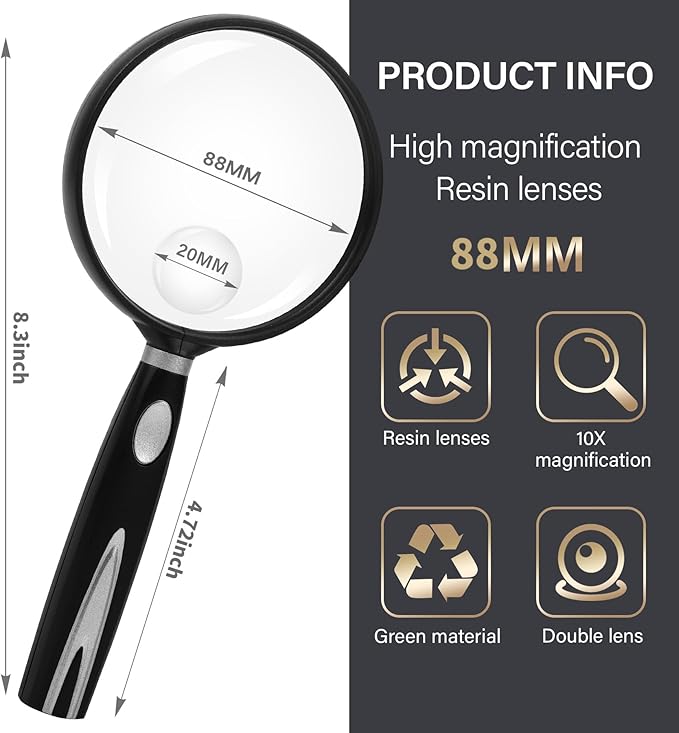 Feosky Handheld Reading Magnifier, 10X 30X Magnifier, 90mm Shatterproof Lens, Non-Slip Handle for Adults Close Work, Seniors Reading and Kids Nature Exploration, Hobby Observation(Silver)