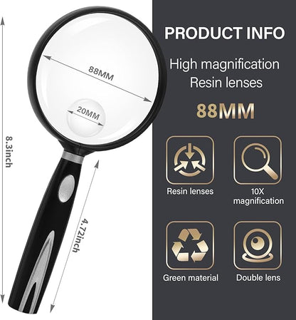 Feosky Handheld Reading Magnifier, 10X 30X Magnifier, 90mm Shatterproof Lens, Non-Slip Handle for Adults Close Work, Seniors Reading and Kids Nature Exploration, Hobby Observation(Silver)