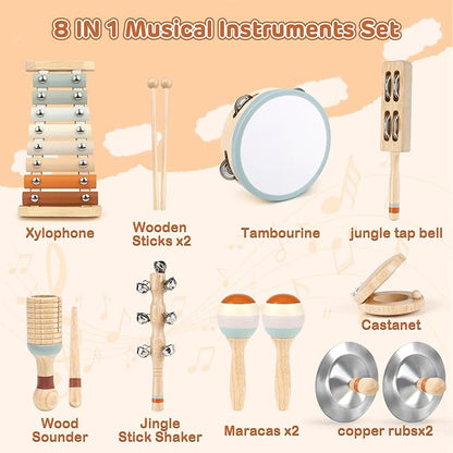 Toddler Musical Instruments, Joyreal Baby Musical Instruments Montessori Wooden Toys for Toddlers 3, Neutral Colors Percussion Instruments Set, Aesthetic Modern Boho Xylophone for Kids Playroom Gifts