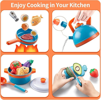 Play Kitchen Accessories - 46Pc Kids Kitchen Playset with Kids Pots and Pans Playset, Pizza Toy, Play Food with Play Fruit Veggies, Kitchen Toys, Cooking Utensils Toy, Apron, Boys Girls Gift