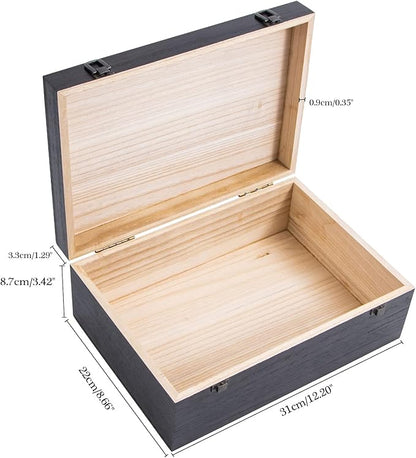 Black Wooden Storage Box with Hinged Lid and Front Clasp, 12.2''x8.6''x4.7'' Large Wooden Box, Wood Gift Boxes for Crafts Art Hobbies and Valentine's Day Decoration