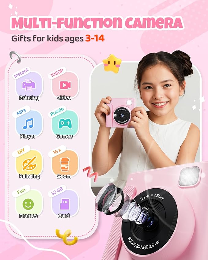 Kids Instant Print Camera, Christmas Birthday Gifts for Girls and Boys, 1080P HD Video Digital Kids Camera with Print Paper & 32G Card, Toddler Toy for 3-14 Years Old (Pink)