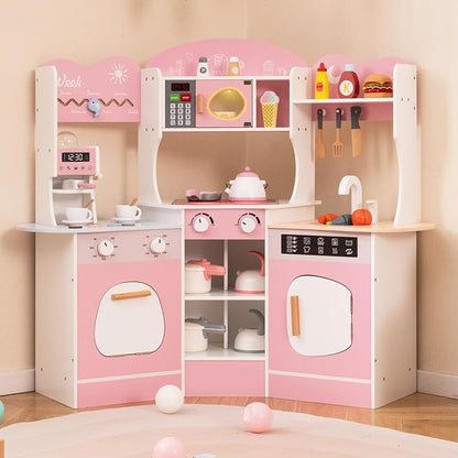 Costzon Corner Play Kitchen, Wooden Kids Kitchen Playset with Lights & Sound, Coffee Maker, Washing Machine, Oven, Microwave, Toddler Toy Kitchen for Pretend Play, Gift for Boys Girls 3+ (Pink)