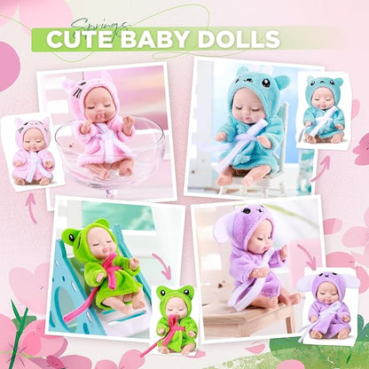 Hanaive 4 Pcs 4 Inch Mini Baby Dolls Lifelike Realistic Baby Dolls Animal Clothes Cute Tiny Gifts for Kids Birthday Party(Robe Style)