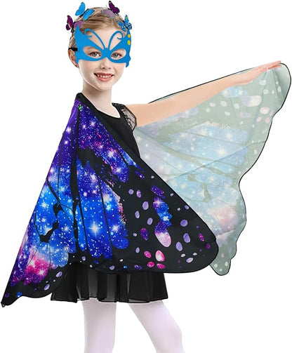 Butterfly Costume for Girls Fairy Wings Kids 4 Pcs(Cape,Skirts,Masks,Hair Clips) Butterfly Wings for Halloween Gifts