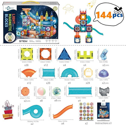 Magnetic Tiles Building Blocks Toys for Kids,144 PCS Magnet STEM Construction Set with LED Lights & Marble Run | Educational Learning Creative Gifts for Kids Ages 5-12 Boys and Girls
