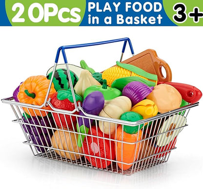 20 Pcs Pretend Play Cutting Food Set Toys for Boys Girls Toddlers Age 3 4 5 Kitchen Set Fruits Vegetable with Stainless Steel Basket