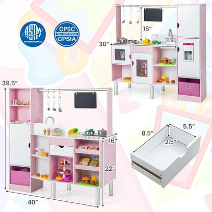 Costzon 2-in-1 Kids Kitchen Playset & Grocery Store, Double-Sided Pretend Play Kitchen with Light & Sound, Ice Maker, Sink & Faucet, 82 Accessories, Toddler Market Stand for Boys Girls Ages 3+