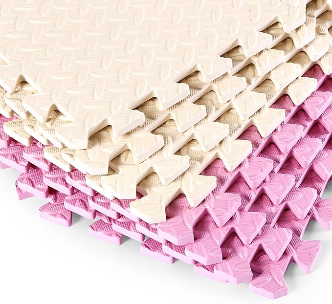 36 Tiles Foam Play Mat for Baby, 0.4 Inch Thick Foam Interlocking Floor Mats, Soft Non-Toxic Baby Playmat, Solid Colored Puzzle Play Mat Kids Floor Mats for Toddler(Beige/Pink)
