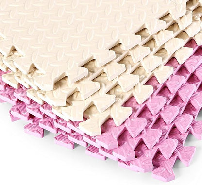 36 Tiles Foam Play Mat for Baby, 0.4 Inch Thick Foam Interlocking Floor Mats, Soft Non-Toxic Baby Playmat, Solid Colored Puzzle Play Mat Kids Floor Mats for Toddler(Beige/Pink)