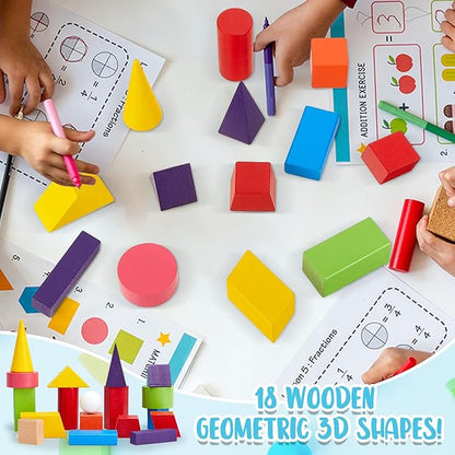 Deekin 18 Pcs Large 3D Shapes for Teaching Math Manipulatives Geometric Solids Blocks Montessori Learning Toys Blocks Solid for Preschool Elementary Kindergarten Home School Supplies (Wooden Shape)