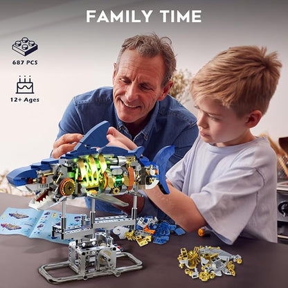 Mechanical Shark Building Set with LED Light, 687 PCS Movable Ocean Animal with Display Stand, Sea Fish Building Block Toy, Home Decor Gift for Adults Teens Kids Boys Ages 12+