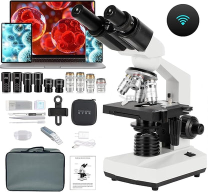 Binocular Compound Microscope, 40X-5000X Magnification, Wide-Angle Eyepiece WF10X WF25X, LED Light Source, XY axis Double-Layer Stage, Adult Microscope (Supports WiFi Wireless Connection)