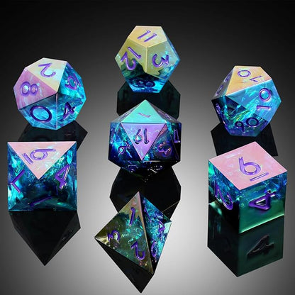 Iridescent Plating DND Dice, DNDND Handmade Resin Sharp Edge D&D Die with Gift Case for Dungeons and Dragon Tabletop Games (Iridescent Plating Green & Blue)