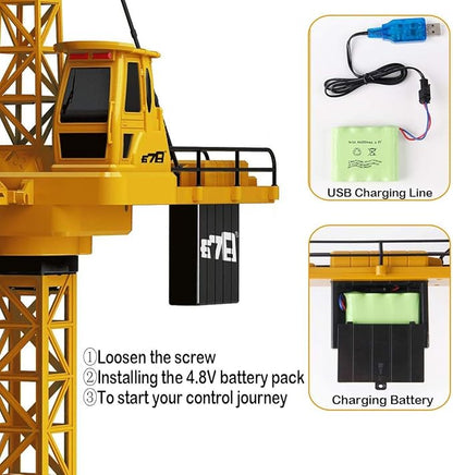 Mini Tudou 50.4 inch Tall 2.4GHz Remote Control Tower Crane,6 Channel Remote Control Construction Crane Toy 680°Rotation Lift Model with Tower Light & Sound for Boys