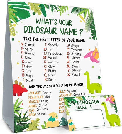 What is Your Dinosaur Name Game, Game Sign and 30 Cards, Dinosaur Birthday Party Sign for Boys and Girls, Holiday Activity, Kids Dinosaur Activity Cards, Dinosaur Activity Decoration Supplies