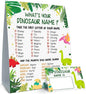 What is Your Dinosaur Name Game, Game Sign and 30 Cards, Dinosaur Birthday Party Sign for Boys and Girls, Holiday Activity, Kids Dinosaur Activity Cards, Dinosaur Activity Decoration Supplies