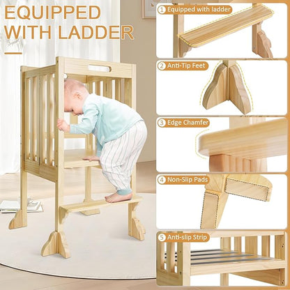 Foldable Toddler Learning Standing Tower, WOOD CITY Montessori Kitchen Step Stool Ideal Helper with 3 Adjustable Heights for Learning New Skills(Natural)