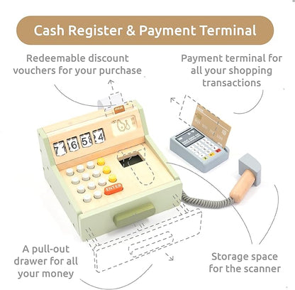 UMU® Wooden Cash Register for Kids - Includes Accessories (Scanner, Payment Terminal, Play Money, etc.), Role Play Shop & Accessories for Children Ages 3 4 5 6