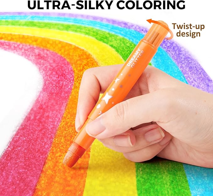 Jar Melo Glitter Crayons for Toddlers 1-3, Non-Toxic Washable Crayons for Kids, Ultra-Silky and Twist, Ideal Coloring Gift for Boys and Girls, 12 Colors