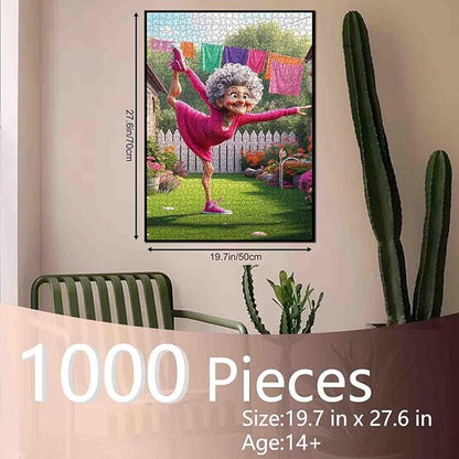 Funny Cartoon Granny Jigsaw Puzzle for Adults 1000 Piece Colorful Backyard Scene Elderly Lady Doing Yoga in Garden 20×27 Inches Puzzles Fun Brain Game for Family and Friends Stress Relief
