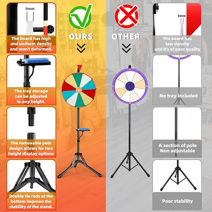 Prize Wheel,16 Inch Spinning Wheel with Adjustable Folding Tripod Floor Stand,10 Slots,1Bracket, Dry Erase Kit - Wheel of Fortune Game for Carnival, Casino & Trade Show.