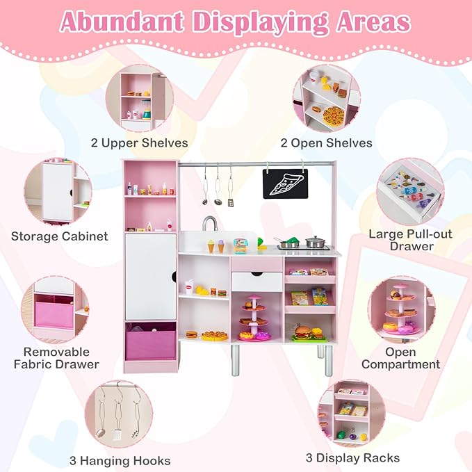 Costzon 2-in-1 Kids Kitchen Playset & Grocery Store, Double-Sided Pretend Play Kitchen with Light & Sound, Ice Maker, Sink & Faucet, 82 Accessories, Toddler Market Stand for Boys Girls Ages 3+