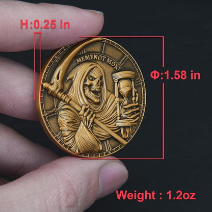 Memento Mori Challenge Coin - Hourglass & Scythe Design with Latin Inscriptions, Embrace Life’s Transience with Inspirational Design (Single Coin)