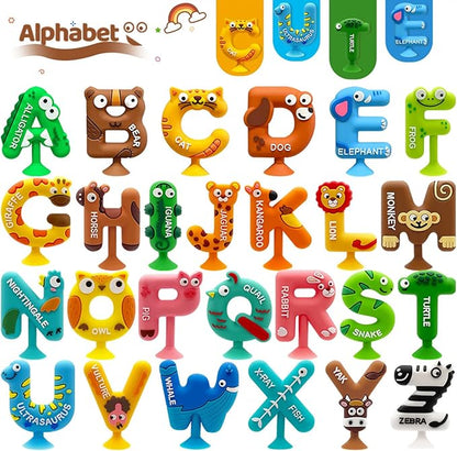 Suction Bath Toy for Toddler, 26PCS Animal Alphabet, Montessori Sensory Toy Gift for Kids Aged 3-12, Educational Spelling for Autism/ADD/ADHD,No Hole Bath Toy for Baby Toddlers