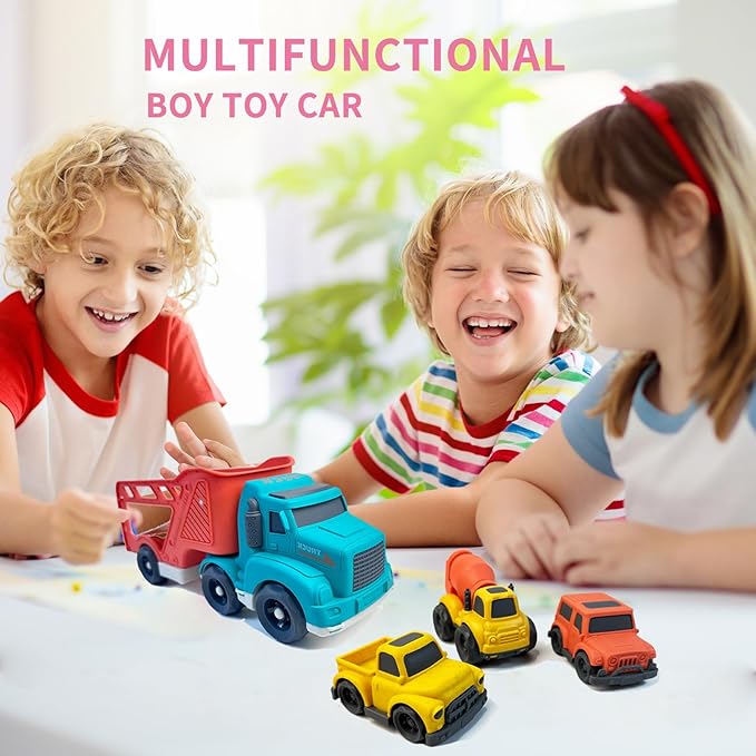 4 Pcs Toddler Car Toys for 2 3 4 5 Years Old, Carrier Truck 3 in 1 Transport Pickup Truck, Mixer Cement,SUV Toy Car, Christmas Birthday Gifts for Kids Toys Boys Girls,Sand Toys