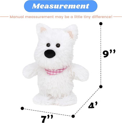 Hopearl Talking Singing Westie with Pink Bib Repeats What You Say Dog Walking Puppy Electric Interactive Animated Toy Speaking Plush Buddy Gifts for Toddlers, White, 9''