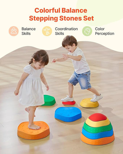 VEVOR Balance Stepping Stones for Kids, 5 PCS, Up to 220 lbs, Non-Slip Toddlers Sensory Stepping Stones, Obstacle Course Coordination Game Toys Indoor or Outdoor Play for Children Aged 3 4 5 6 7 8+