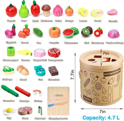 Play Kitchen Accessories, Wooden Play Food, Pretend Kitchen Cutting Fruit Vegetables Toys for Toddlers 3+ Years with Basket, Educational Toddler Toys for Fine Motor Skills, Gift for Boys Girls