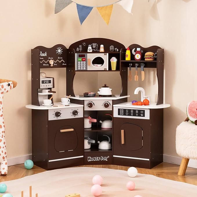 HONEY JOY Corner Play Kitchen, Toddler Wooden Toy Kitchen Set w/Lights, Coffee Maker, Microwave, Sink, Faucet, Little Chef Pretend Play Kids Kitchen Playset for Boys Girls (Coffee)
