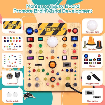 RichBoy Busy Board for 1-3 Year Old, 59 in 1 LED Light Up Wooden Sensory Montessori Switch Board Toy for Toddlers Travel Gift (7.8" x 6.5")