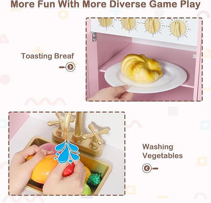 Kids Kitchen Playset, Wooden Play Kitchen with Toy Storage System, Pretend Play Kitchen Set Toy with Range Hood, Ice Maker & Coffee Maker, for Kids Ages 3+, Pink