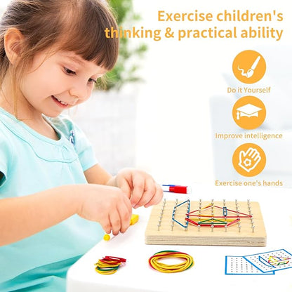 HEELWIRE Wooden Geoboard, Montessori Educational Toy for Kids with Pattern Cards and Rubber Bands to Figures and Shapes, Brain Teaser STEM Geo Board